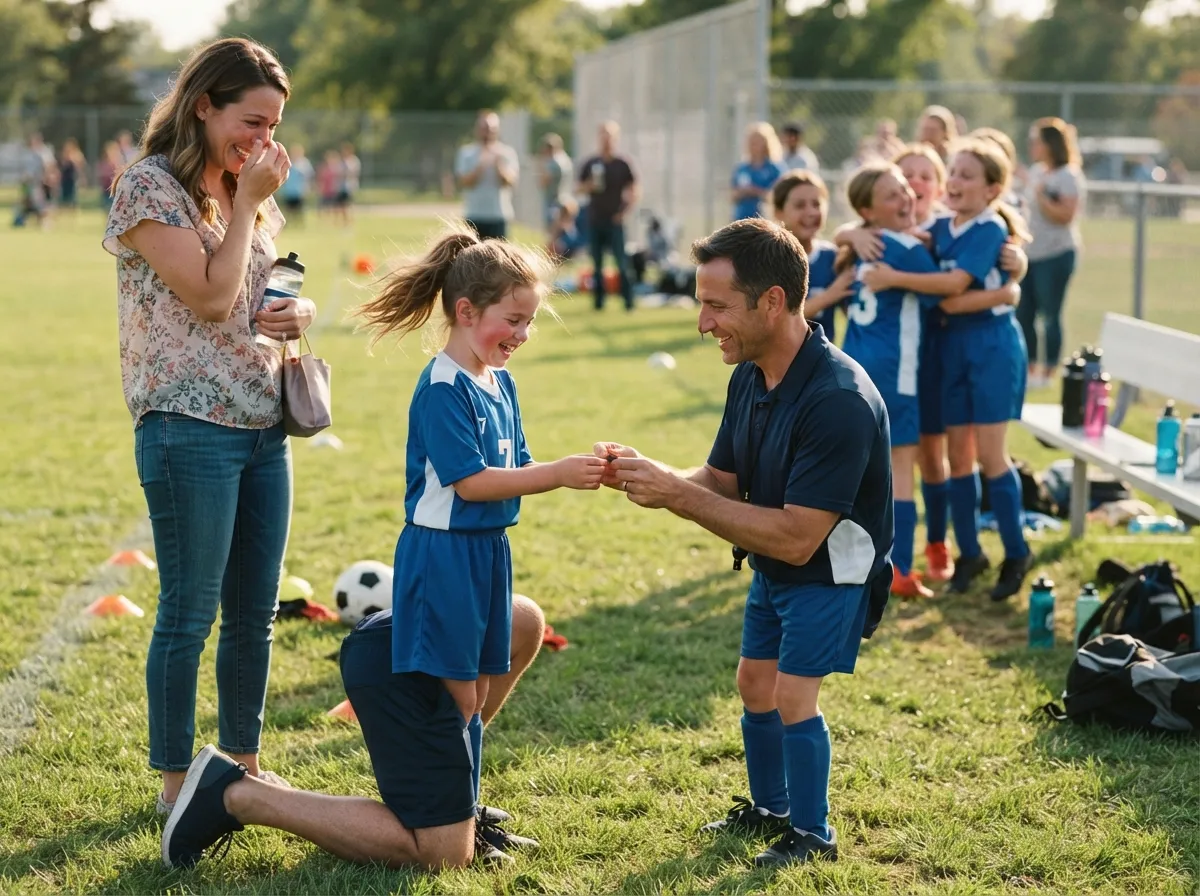 Coach and young athlete share an emotional moment on a sunny sports field.