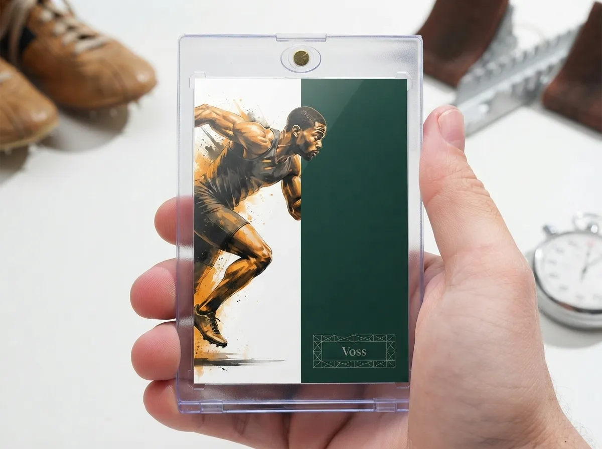 Custom sports trading card in magnetic case, split-design amber and emerald athlete artwork.