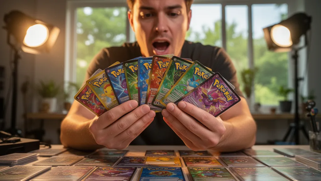 Enthusiast collector carefully examining a fan spread of custom printed holographic pokemon cards under warm lighting