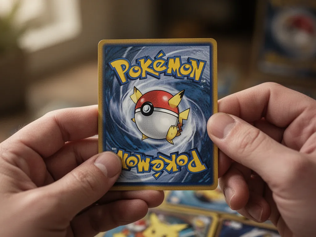 Detailed close-up of hands holding single custom printed pokemon card showing printing quality and finish