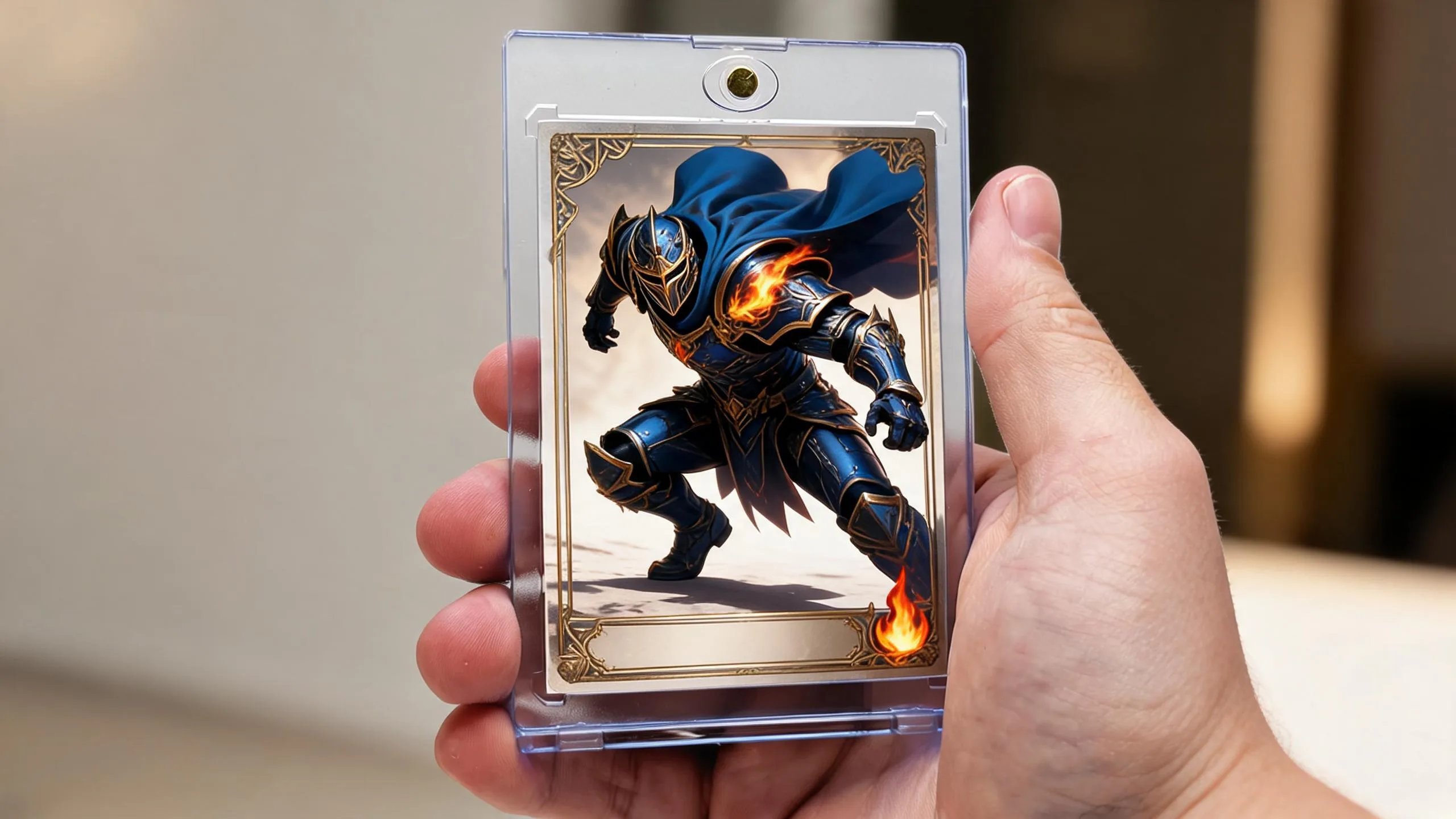Hand holding custom pokemon card template in magnetic case, painted warrior full-art illustration.