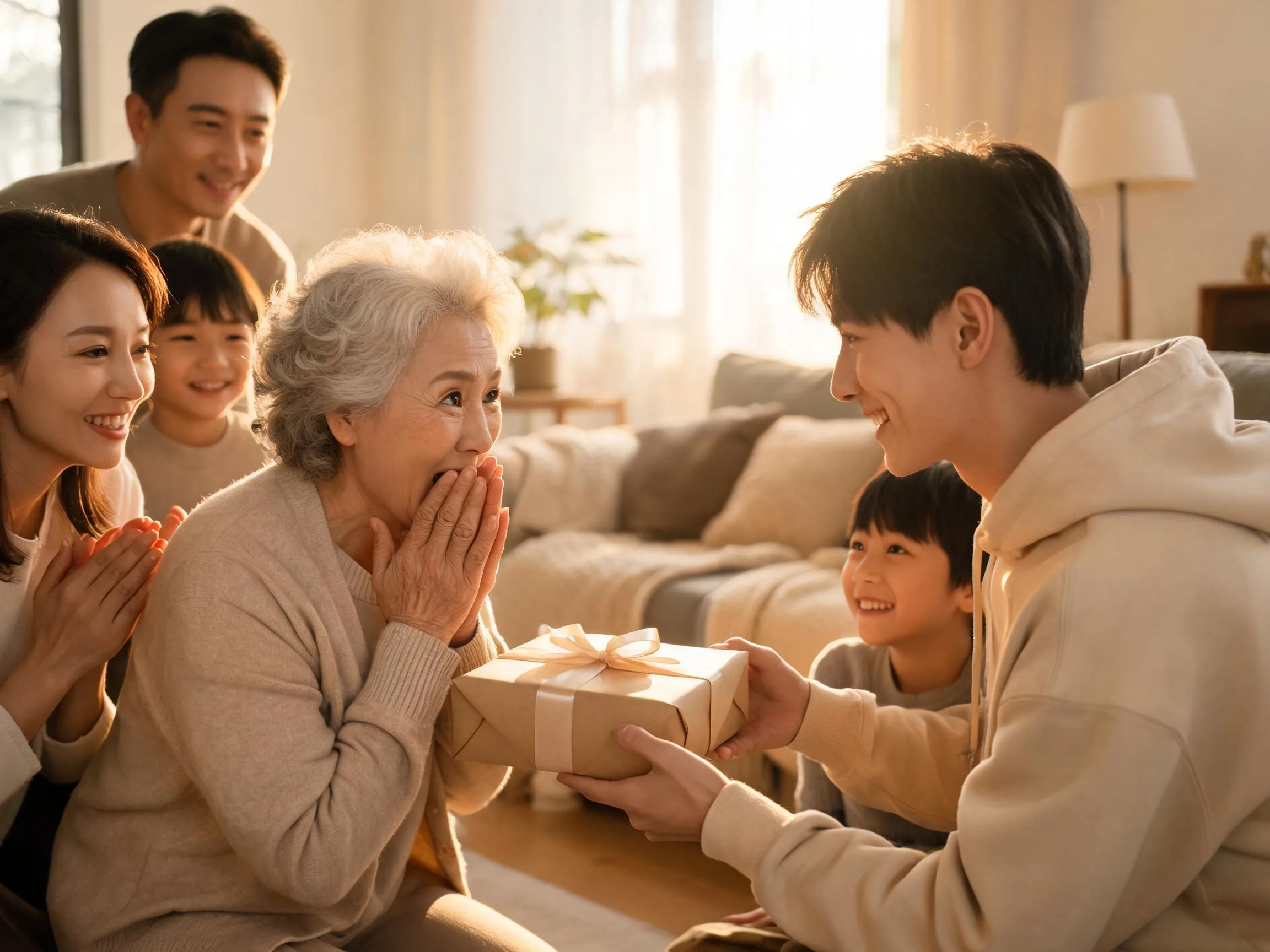 Grandmother reacts with joyful surprise while receiving an unexpected gift from family.