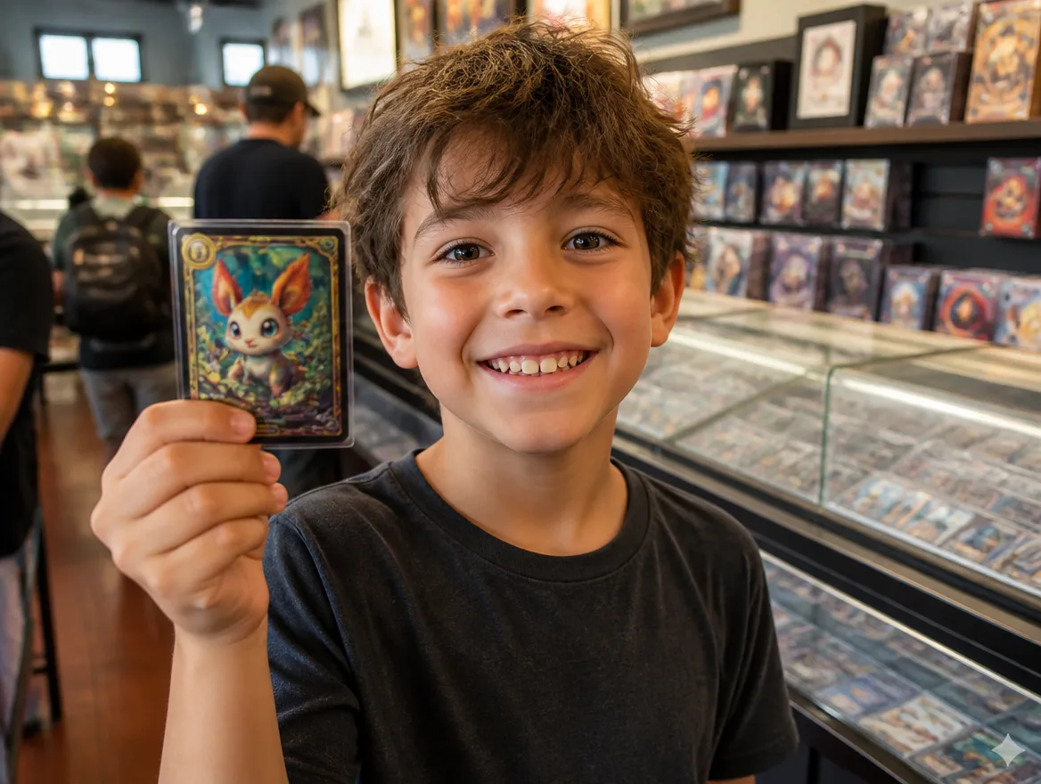 Kid browsing a custom Pokemon cards shop holding a creature card