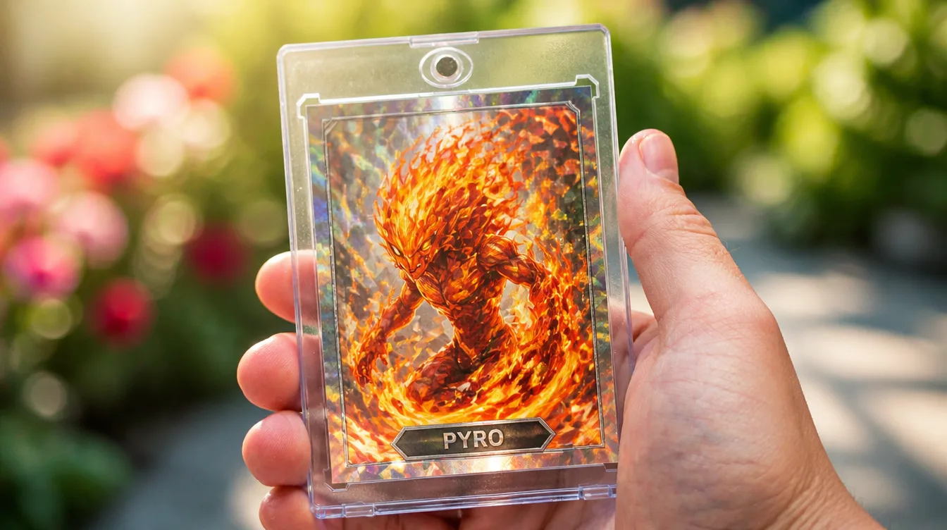 Custom Pokemon-style creature cards in a one-touch magnetic display case