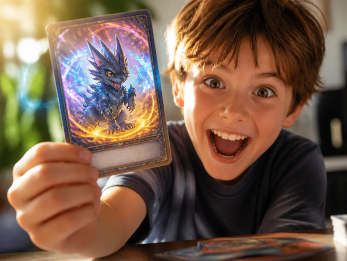 Excited kid holding up a glowing custom creature trading card