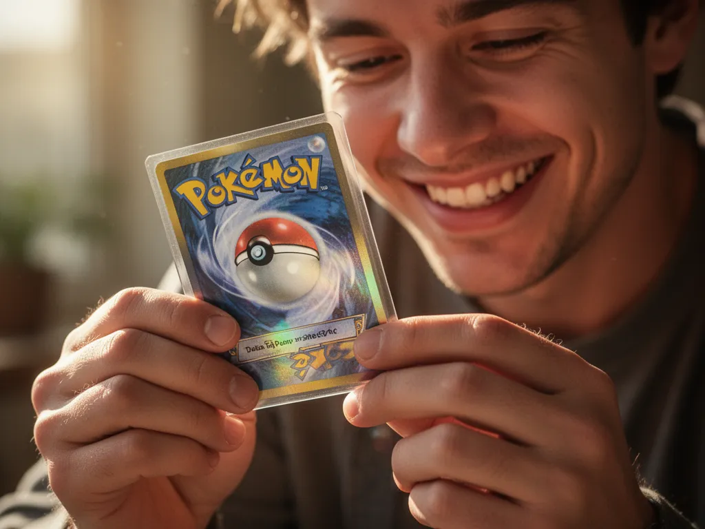 Collector's hands holding rare holographic Pokemon card with expression of delight