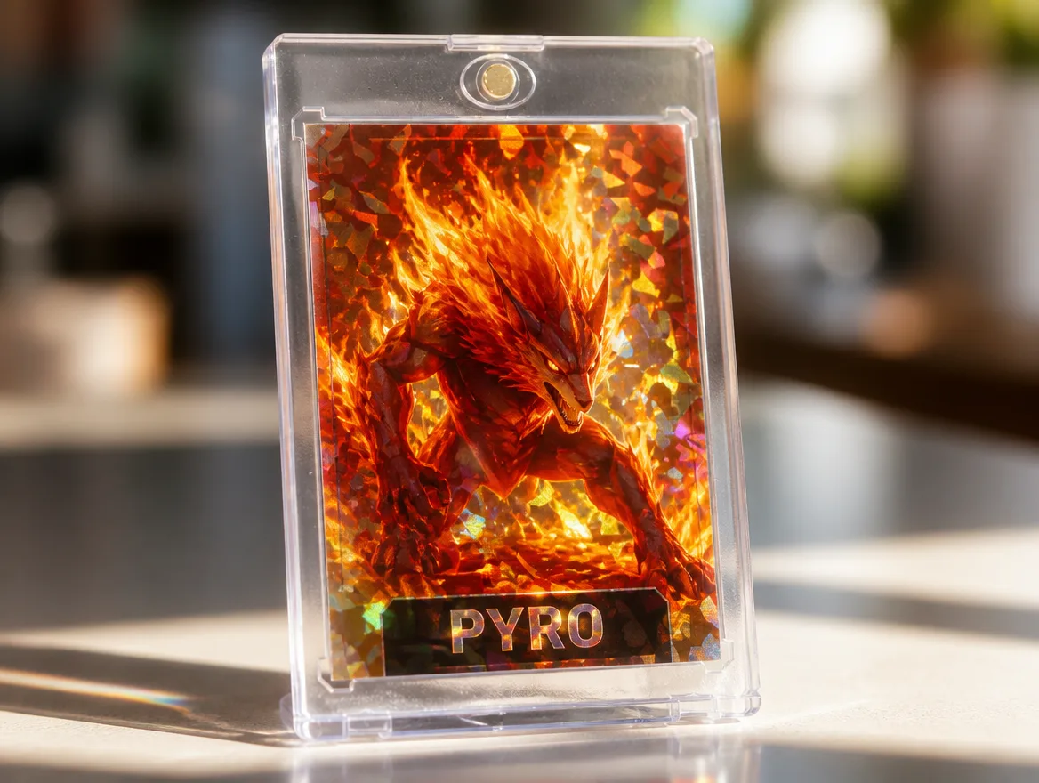 Custom creature trading card standing in a premium magnetic case