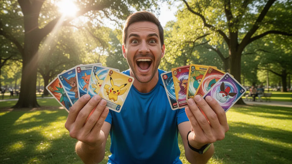 Excited trainer displaying custom Pokemon cards outdoors in natural sunlight and park setting