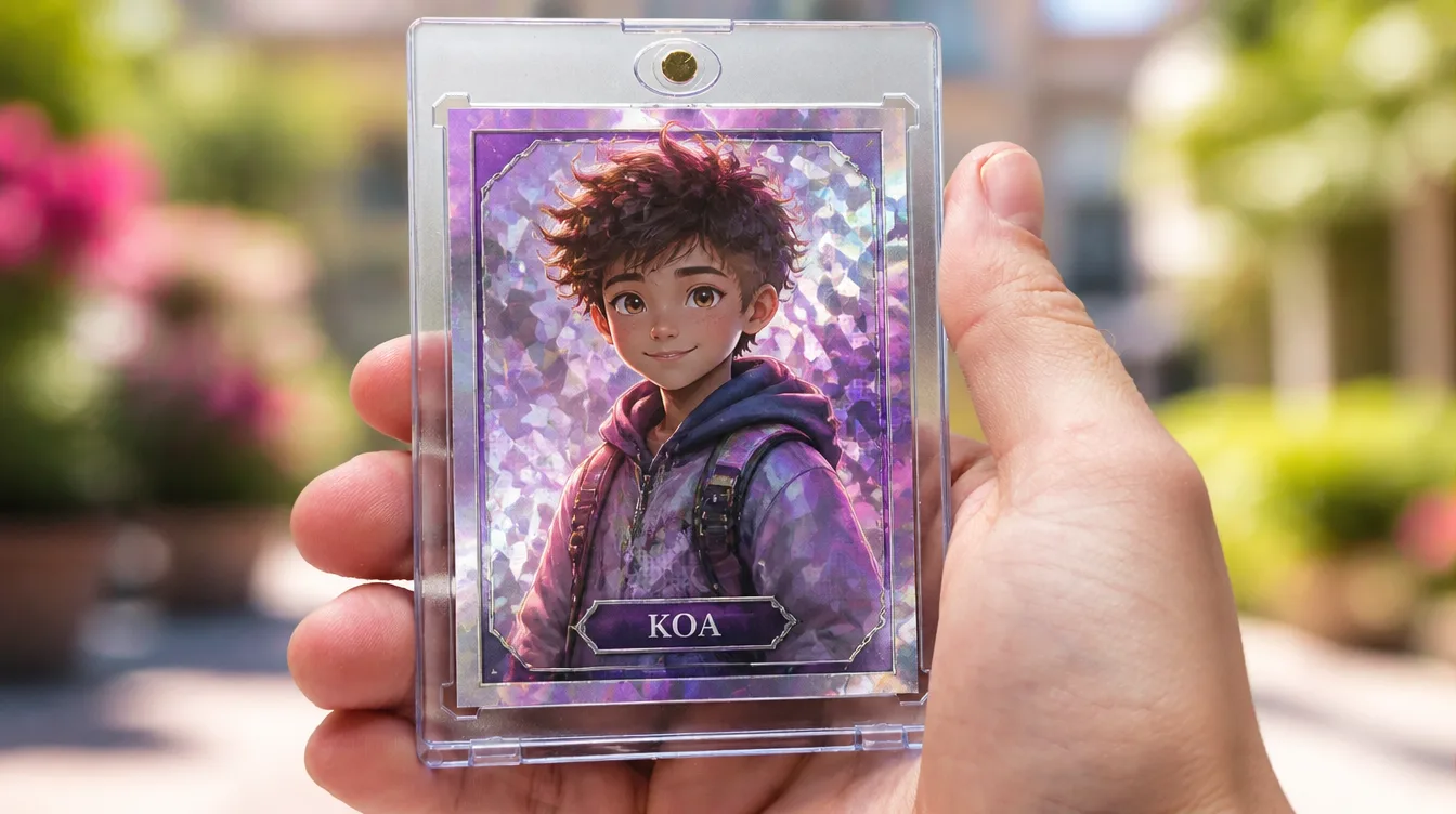 Custom Pokemon trainer-style character card in a one-touch magnetic case