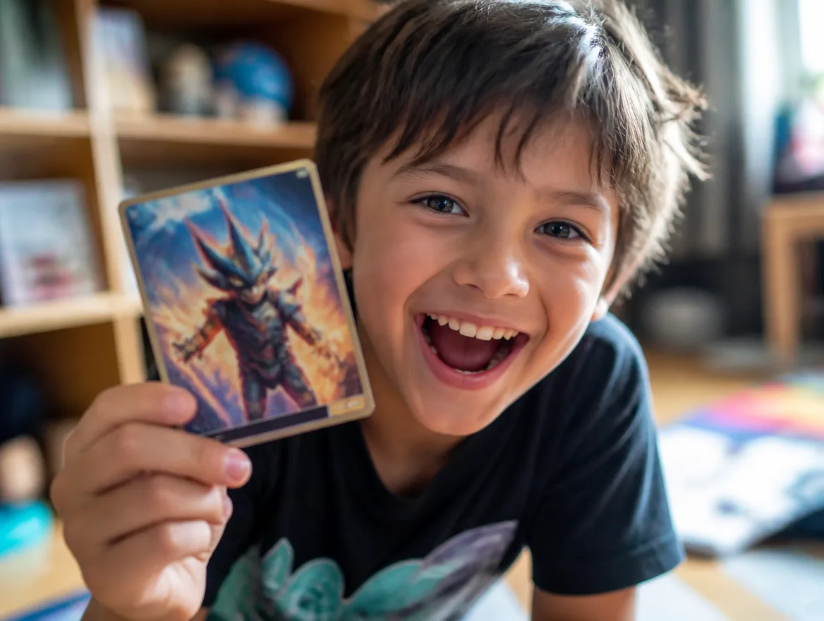 Excited kid holding a custom character trainer trading card