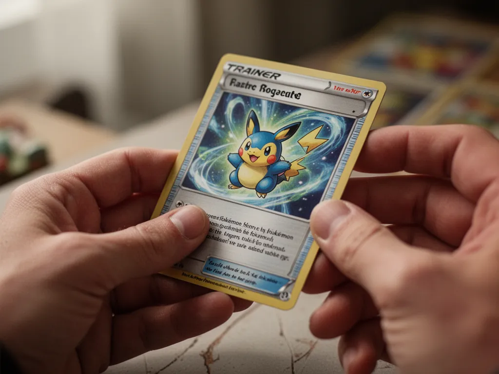 Hands closely inspecting detailed custom Pokemon trainer card under warm indoor lighting