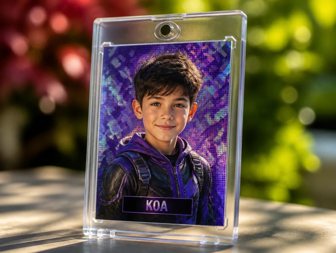 Custom character trainer card standing in a magnetic display case