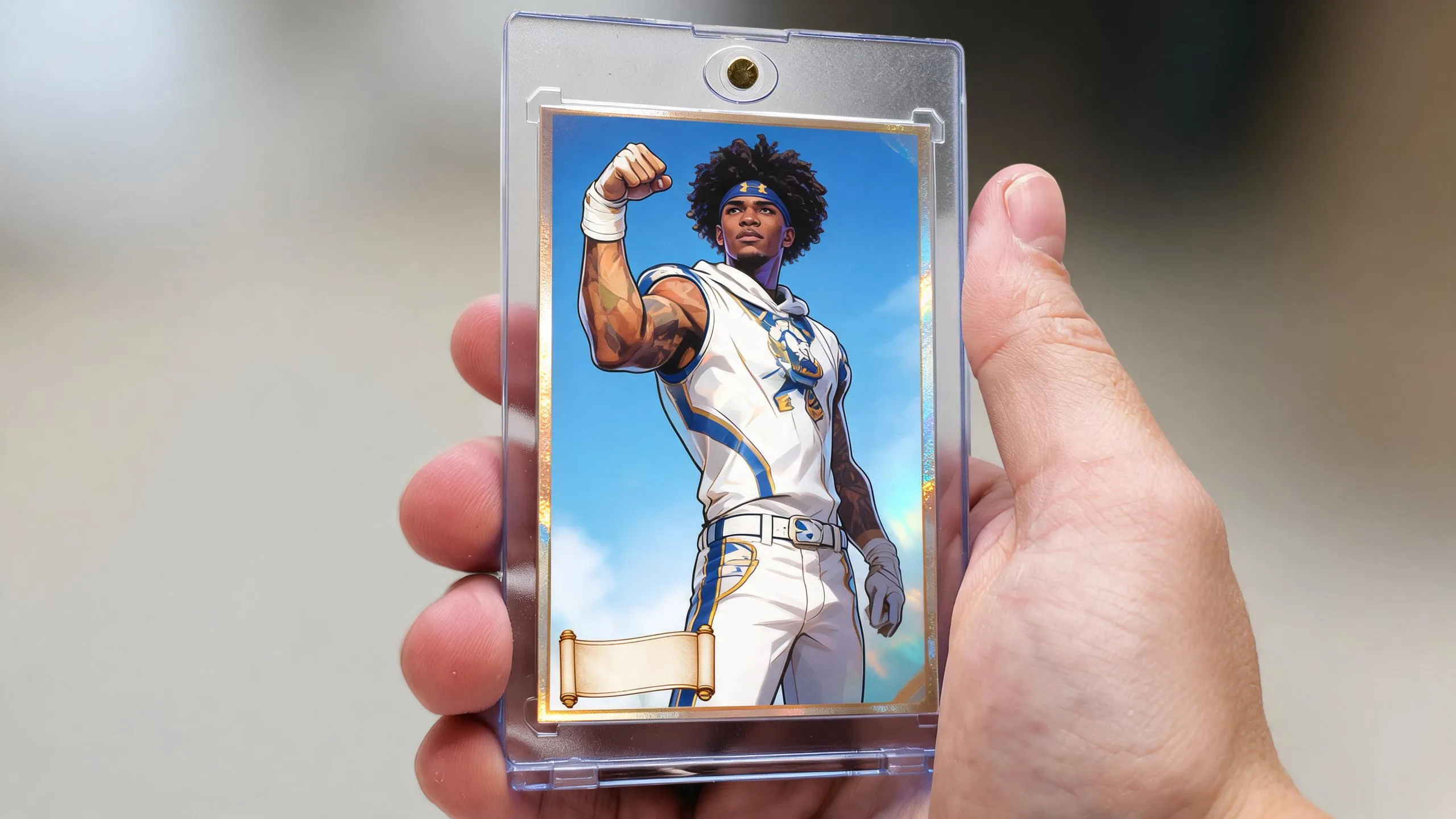 Hand holding a custom pokemon trading card in a magnetic acrylic display case outdoors.