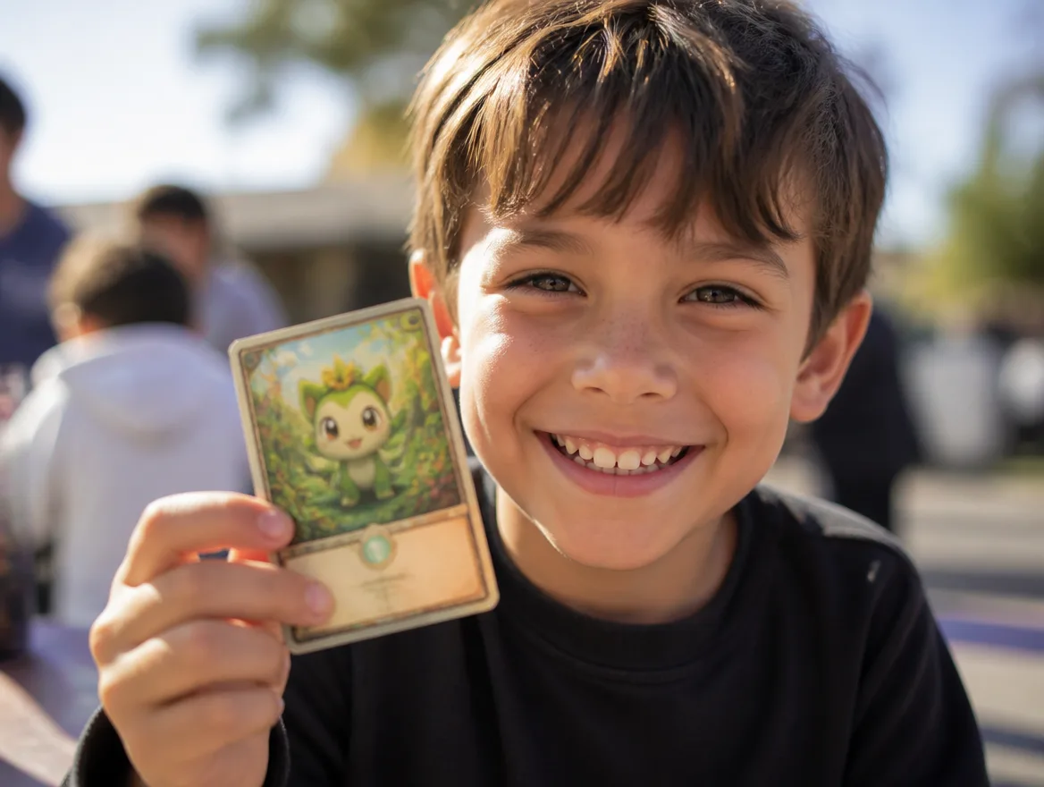 Happy kid holding a custom creature trading card outdoors
