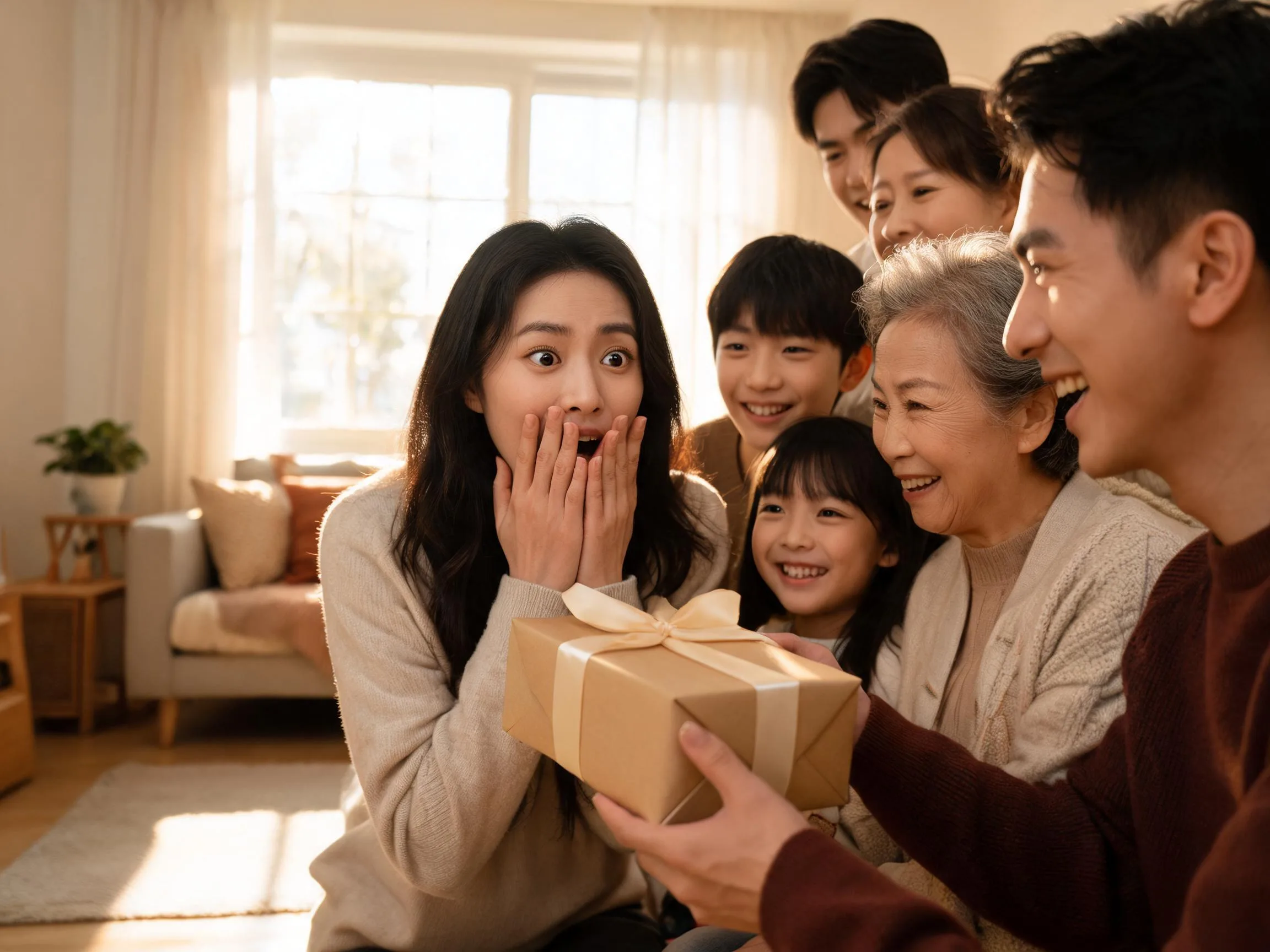Family member reacts with genuine surprise while being handed an unexpected gift.