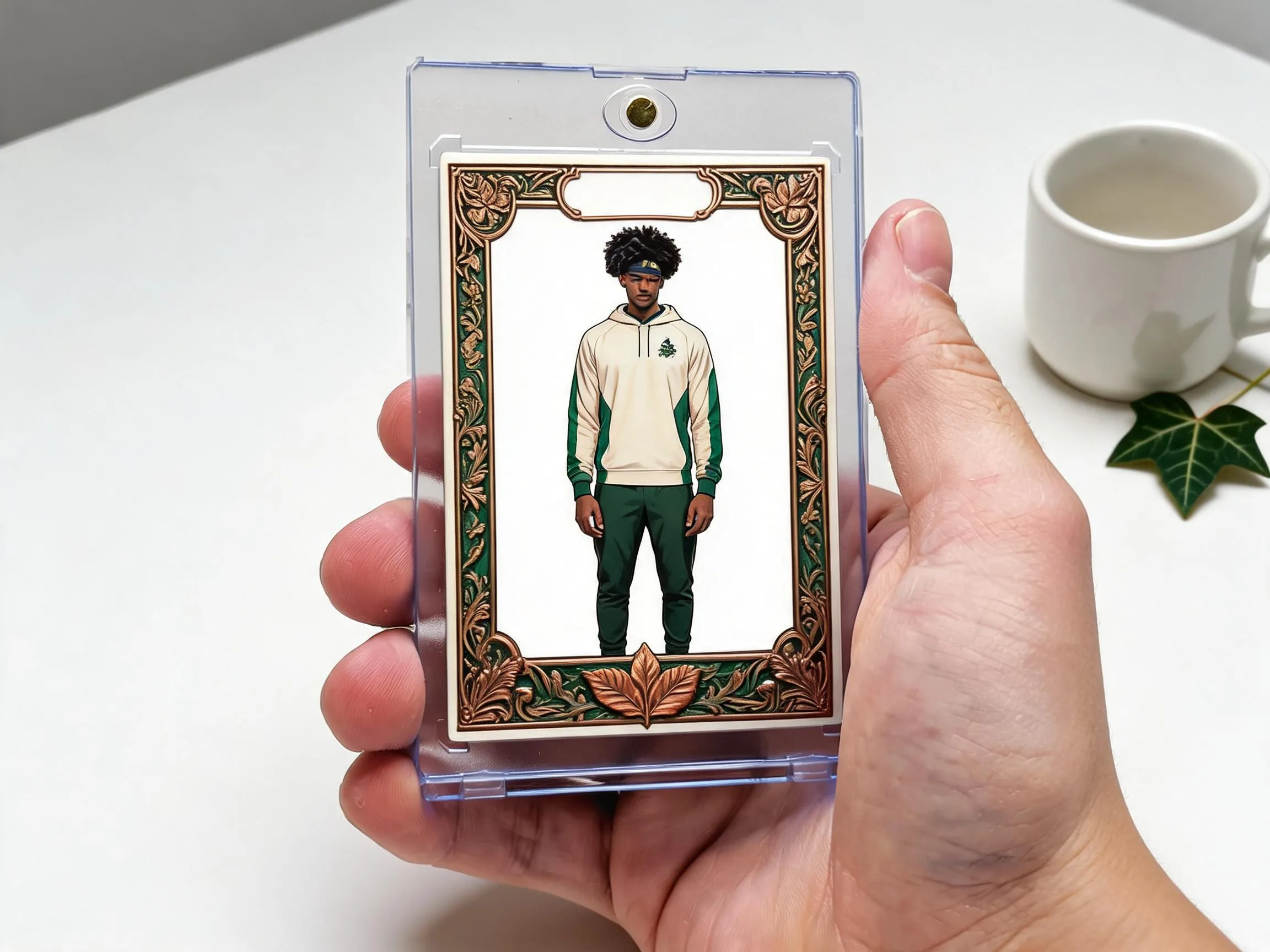 Custom keepsake trading card in a magnetic case displayed on a white tabletop.