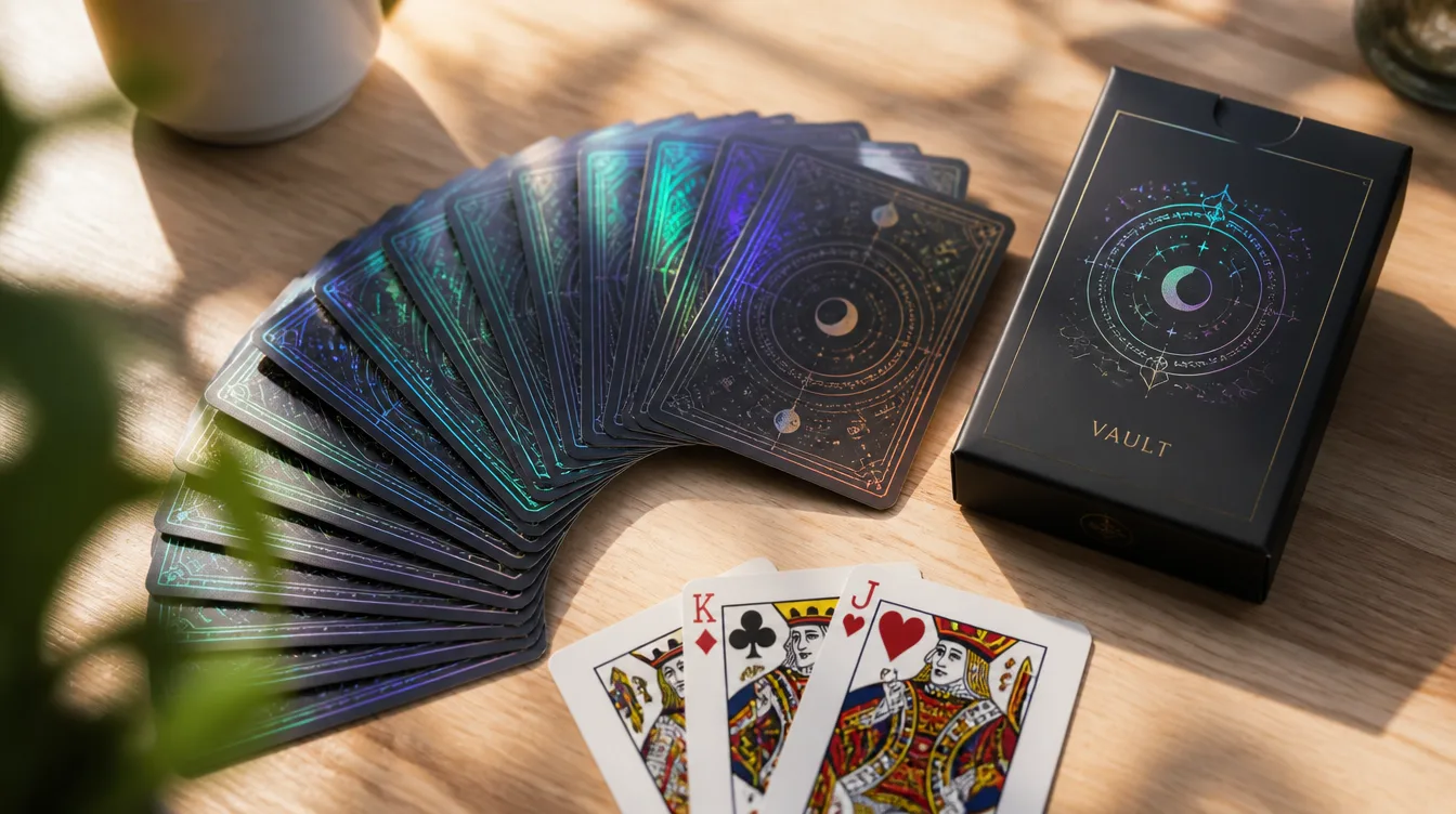 Custom poker cards deck fanned out beside its tuck box