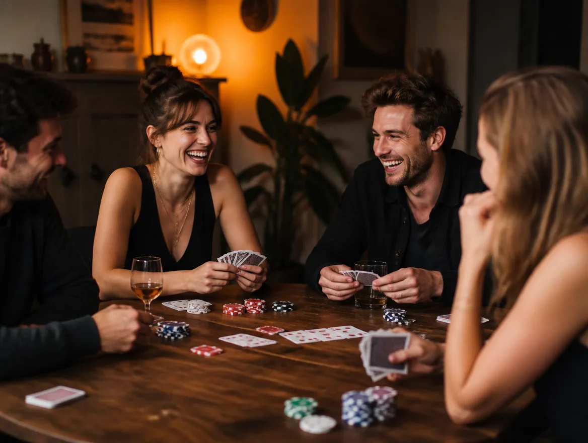 Friends around a table playing poker with a custom deck of cards