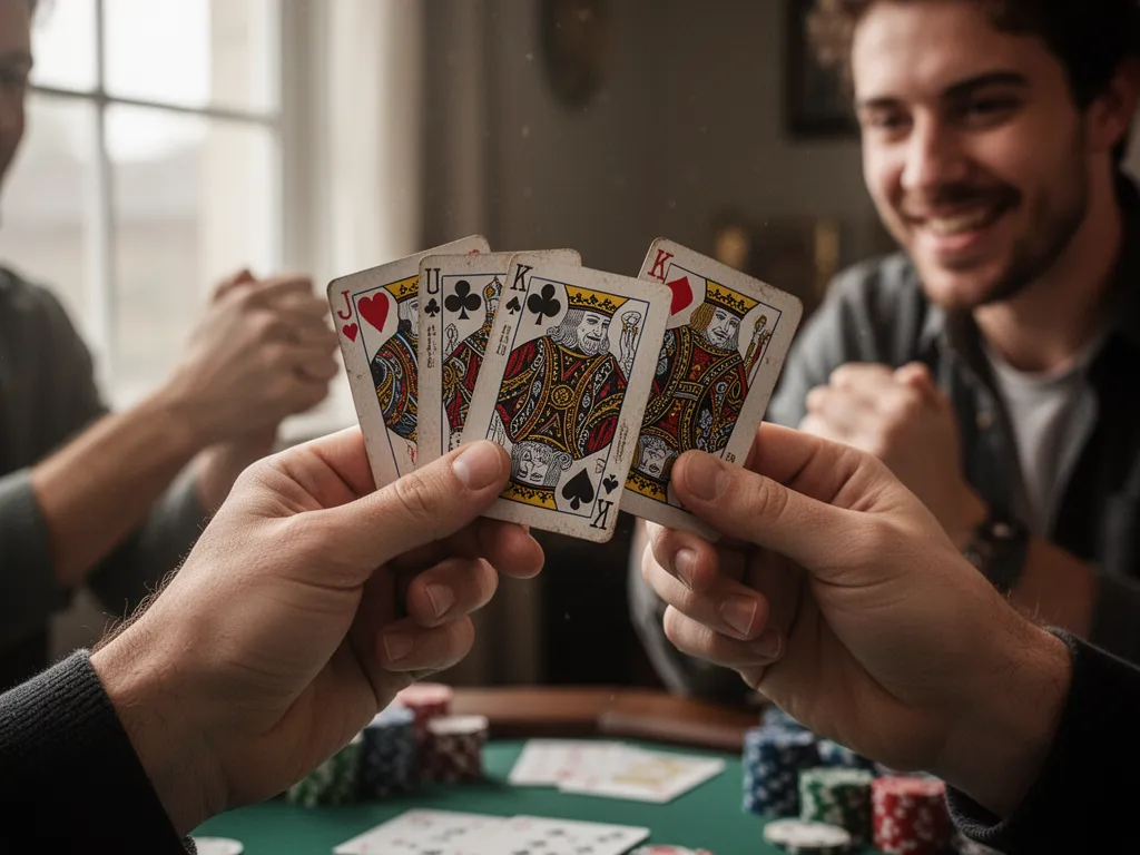 [Close-up of custom poker cards in player's hands showing craftsmanship and competitive focus]