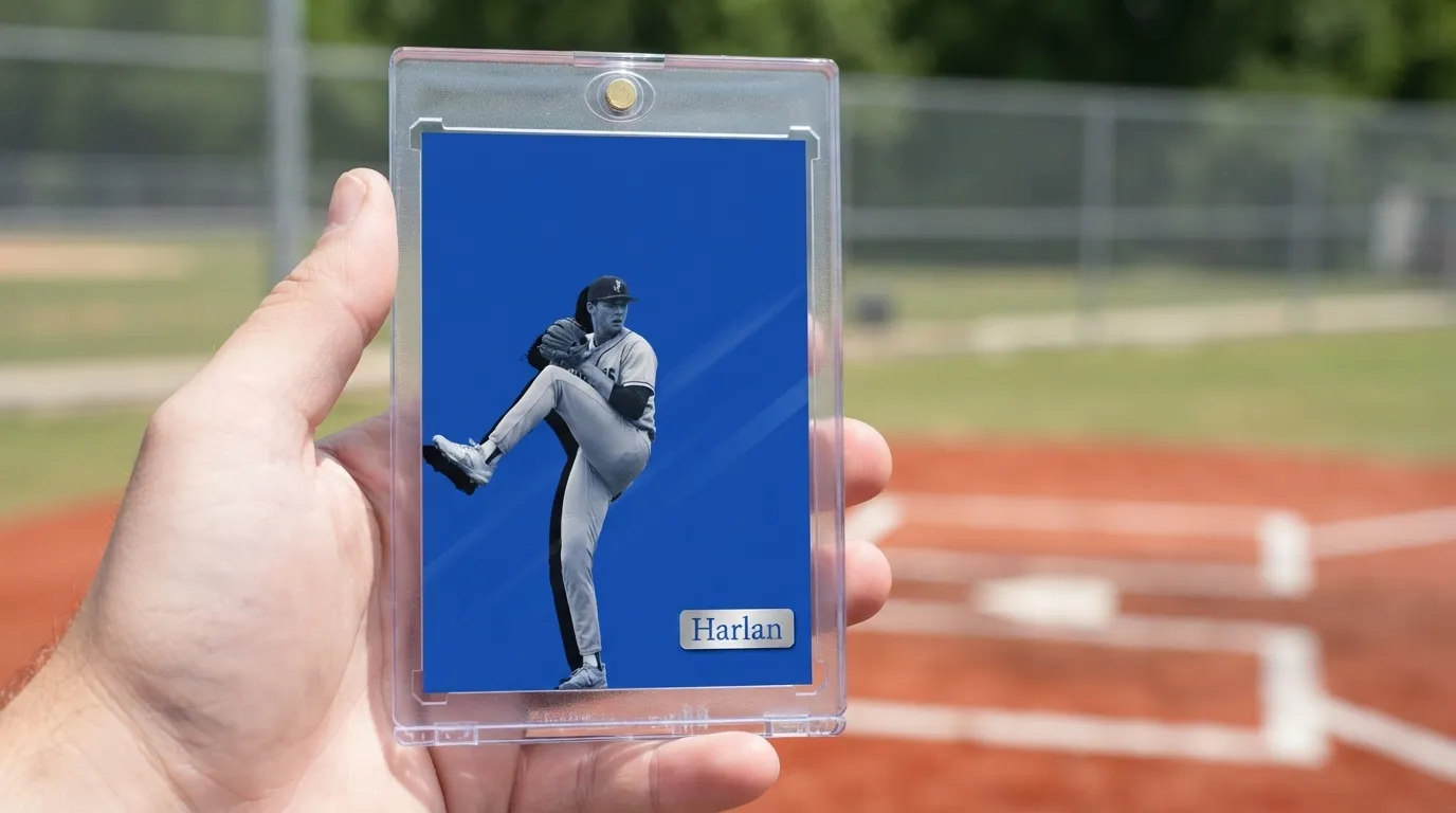 Hand holding magnetic case with custom printed baseball card featuring a pitcher on blue field.