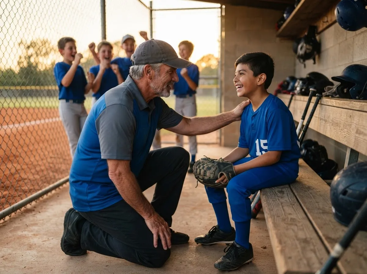 Coach and young baseball player share a proud emotional moment in sunlit dugout.
