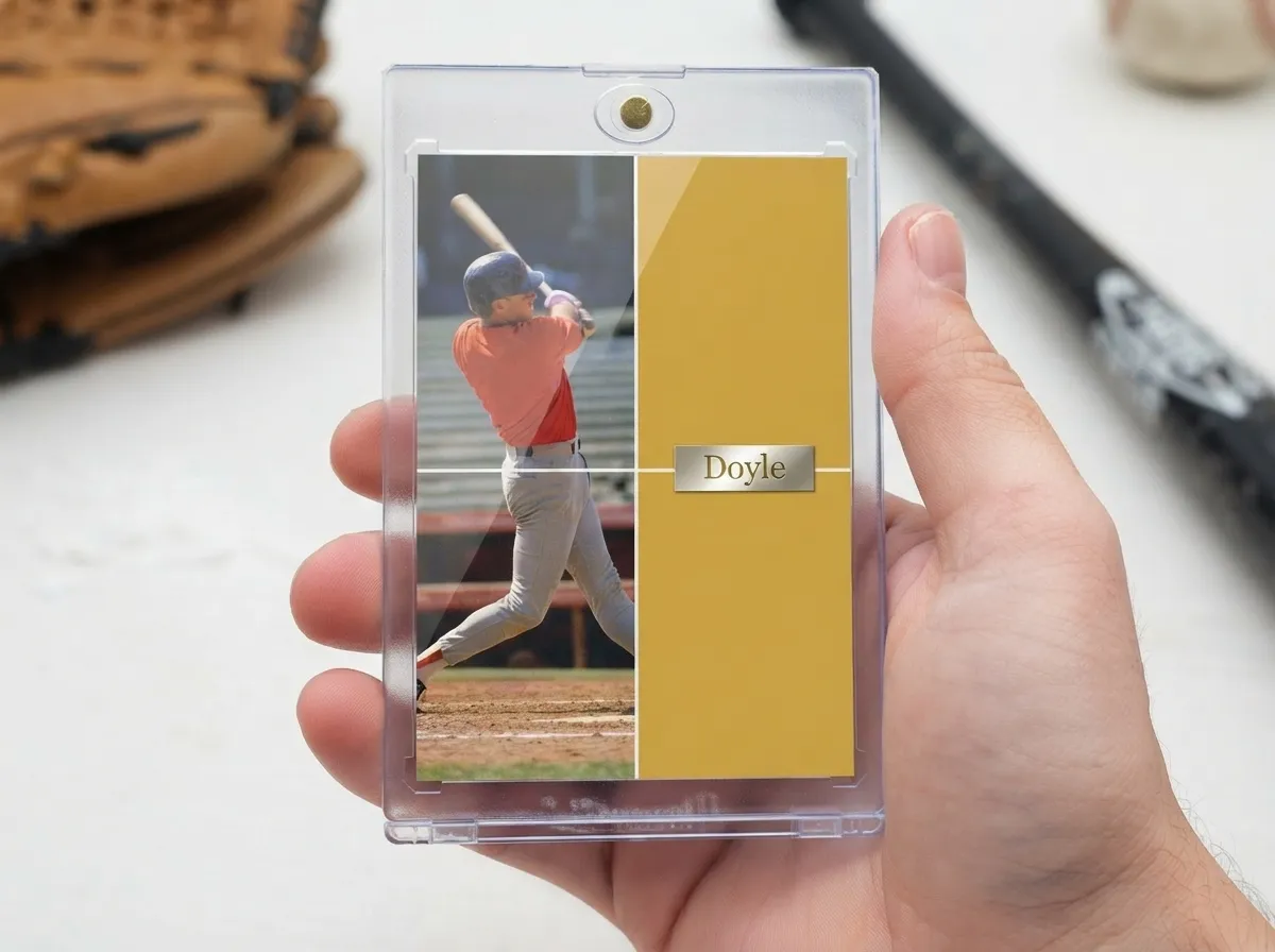Custom baseball trading card in magnetic case showing split-panel batter action photo design.