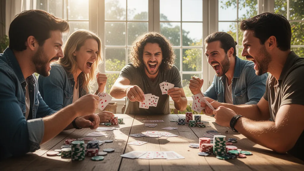 Group of friends playing cards at a table with natural sunlight and animated expressions