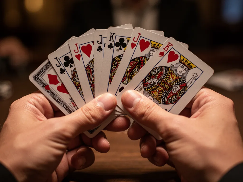 Hands fanning out colorful custom poker cards with focus on card design and texture