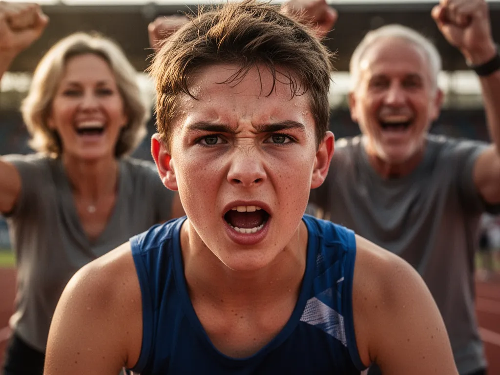 [Young athlete's focused expression with proud parents celebrating in background during game]