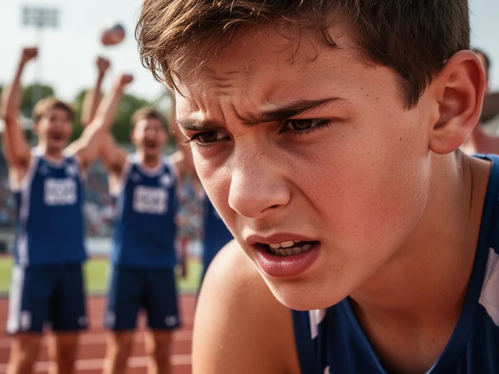 Young athlete's determined expression during competition with celebrating teammates blurred in background