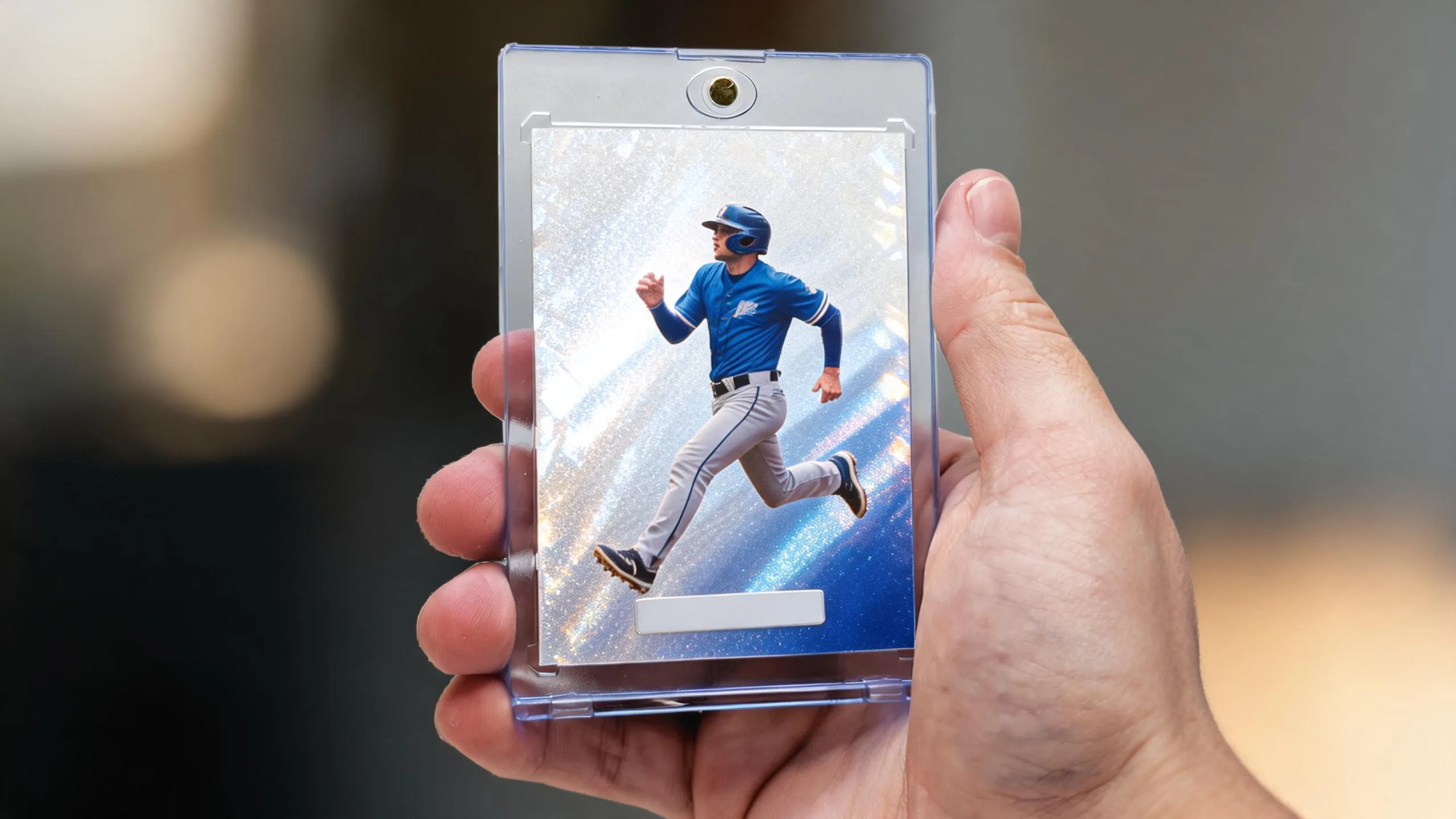 Hand holding custom size cards in a magnetic case, icy blue refractor athlete design.