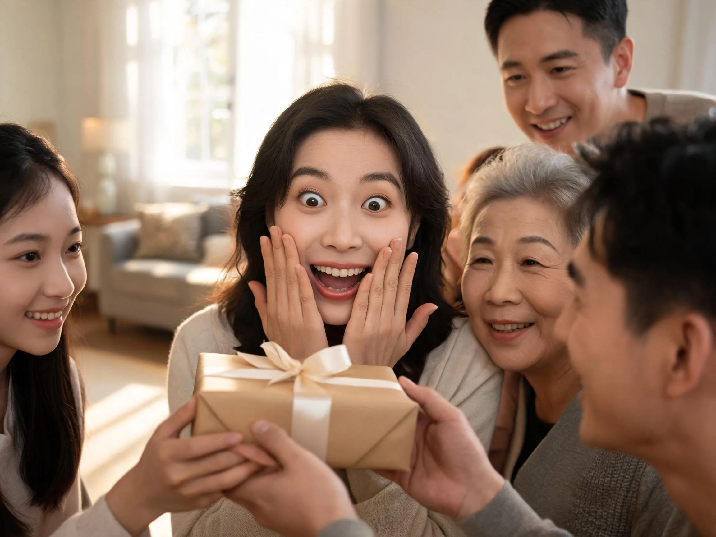Family member reacting with joyful surprise while receiving an unexpected wrapped gift.