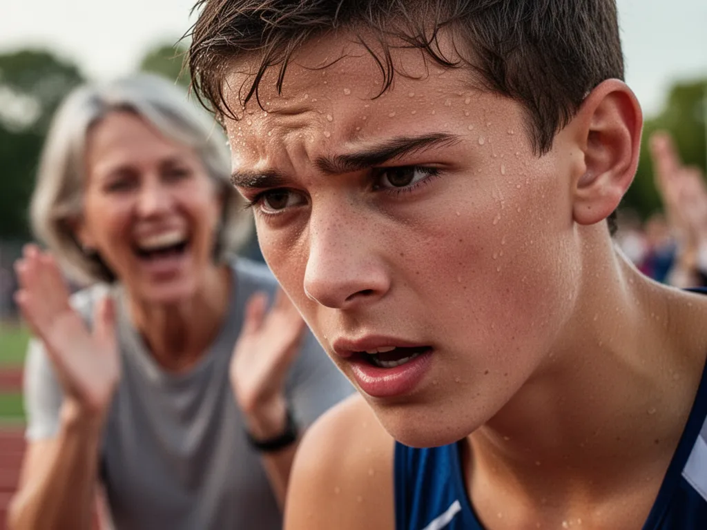 Young athlete's determined face during competition with proud parent celebrating supportively in soft-focused background