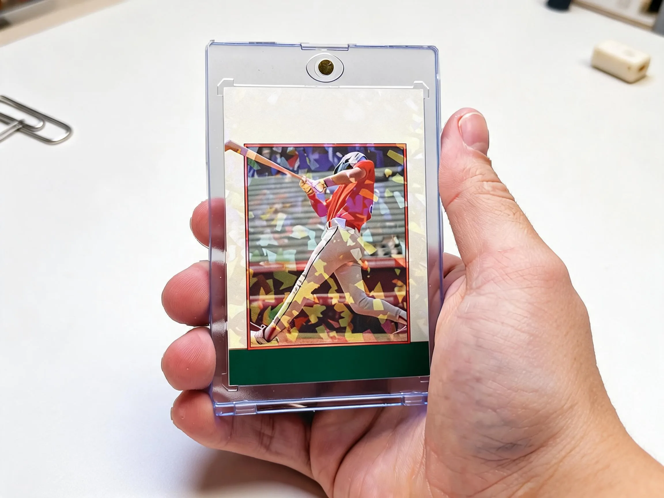 Custom keepsake trading card in a magnetic case, green retail-style layout design.