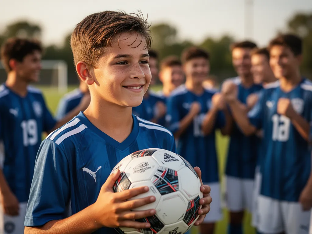Young soccer player displaying pride and determination holding soccer ball outdoors