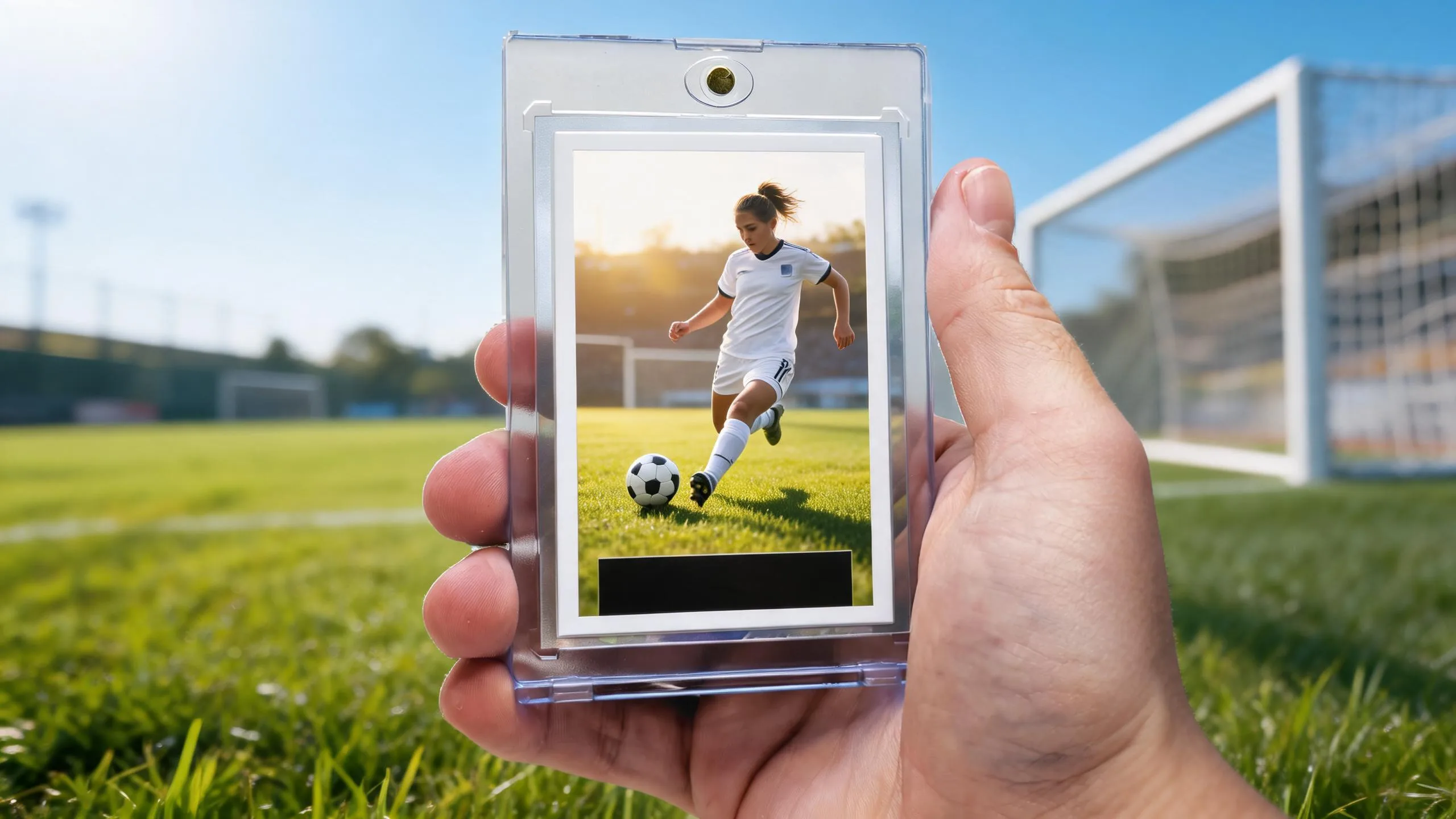 Hand holding custom soccer cards in a magnetic case, sunny pitch background, player mid-stride.