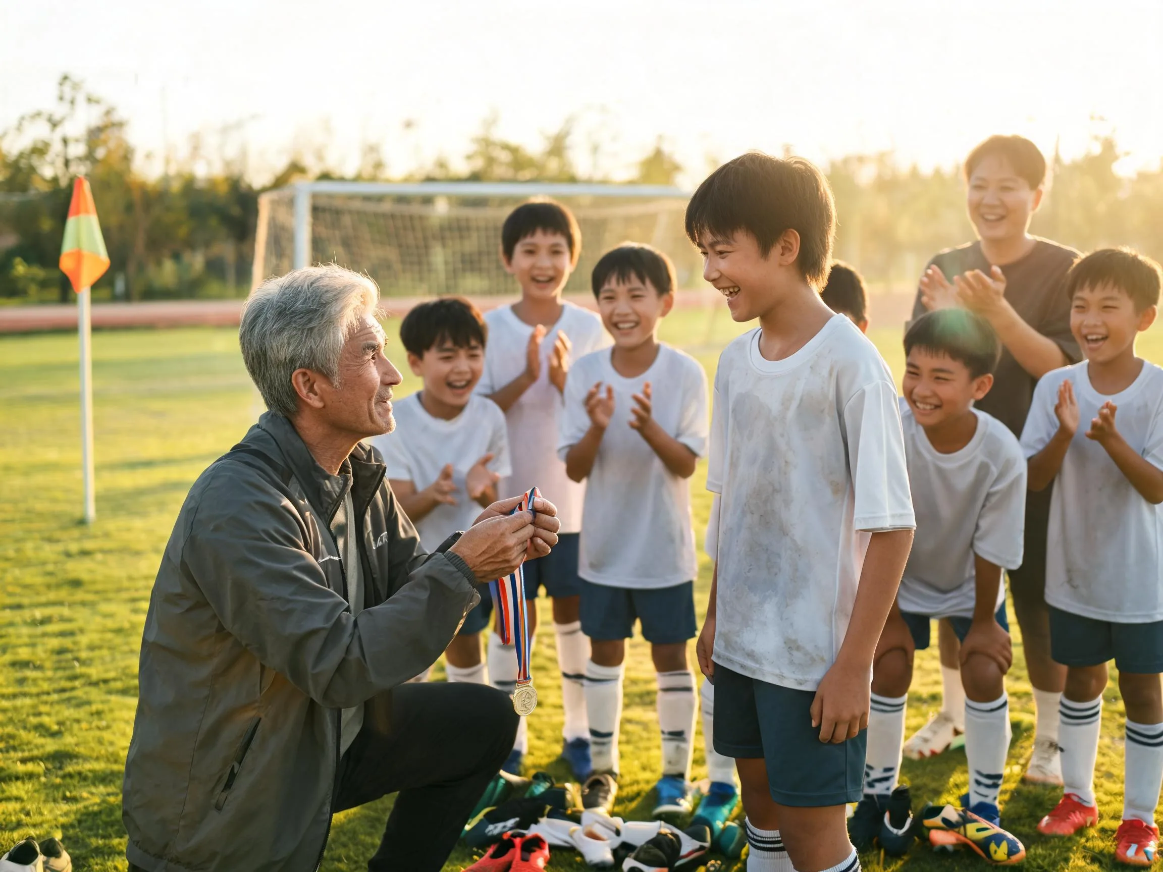 Coach and young soccer player share a proud emotional moment on a sunlit pitch.