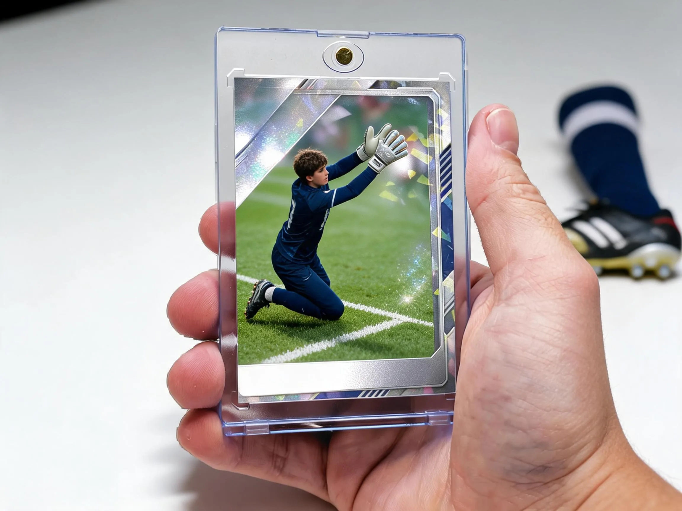 Custom soccer trading card in magnetic case showing a diving goalkeeper, chrome finish.