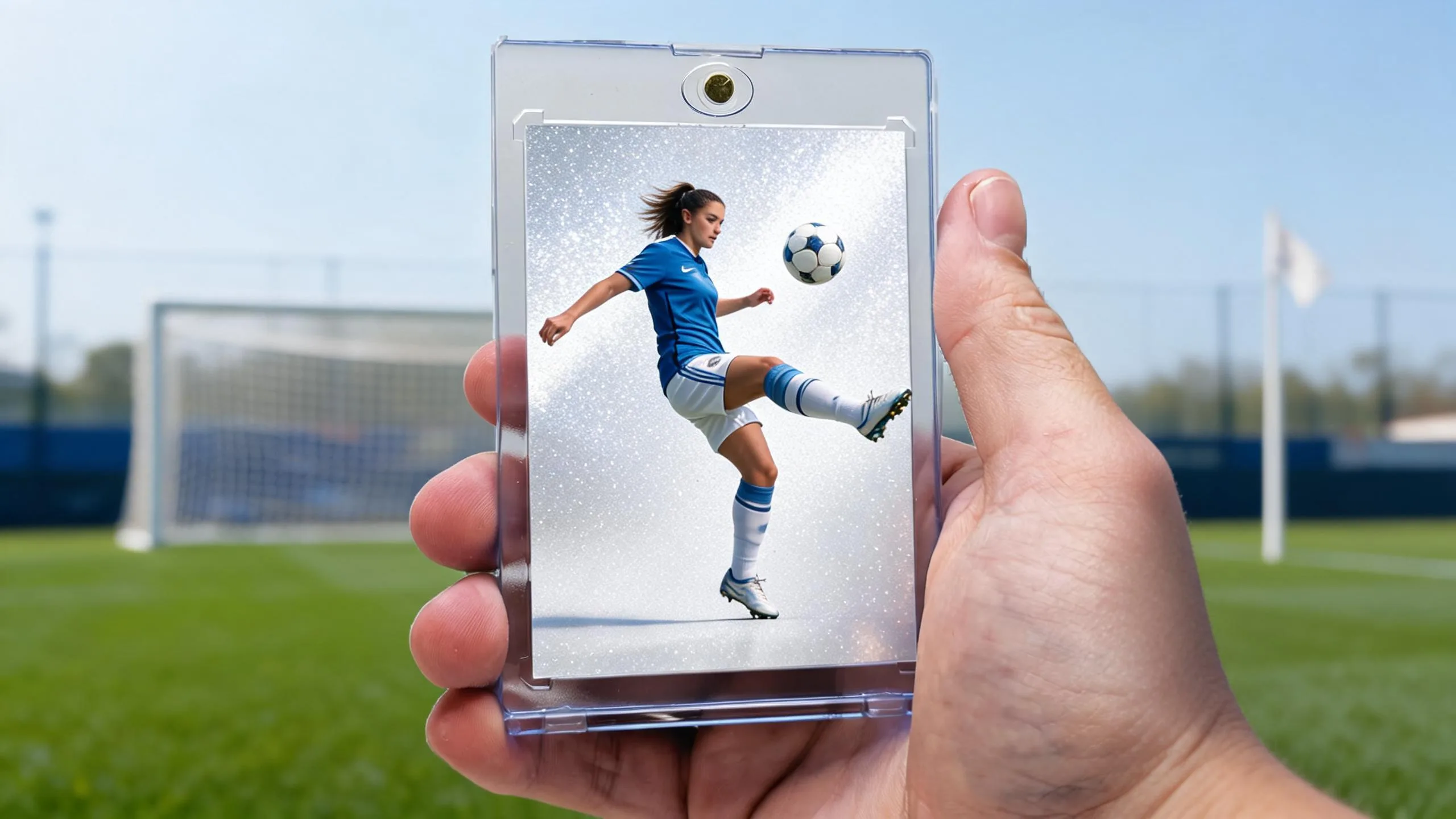 Hand holding custom soccer player cards in a magnetic case, silver-blue refractor design.