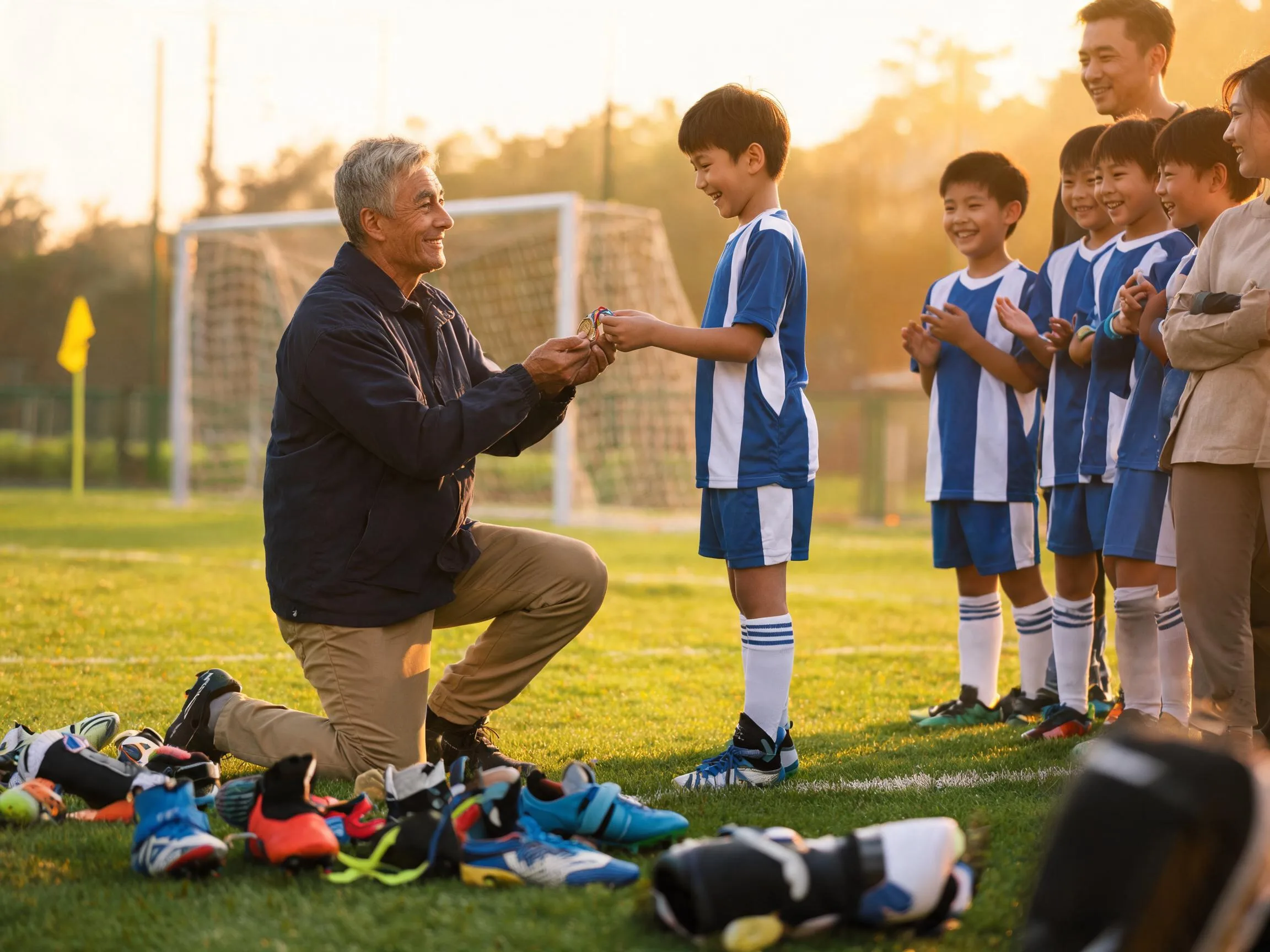 Coach and young soccer player share proud emotional moment on sunlit field.