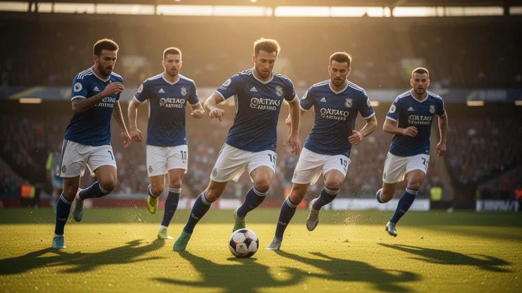 Soccer players competing intensely during match with dramatic golden hour lighting and motion blur effect