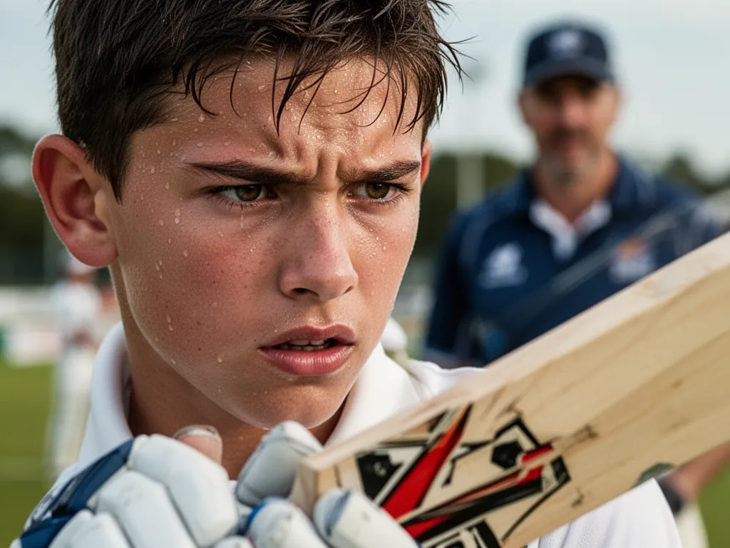 Young cricket player in focused preparation stance showing determination and competitive emotion before batting