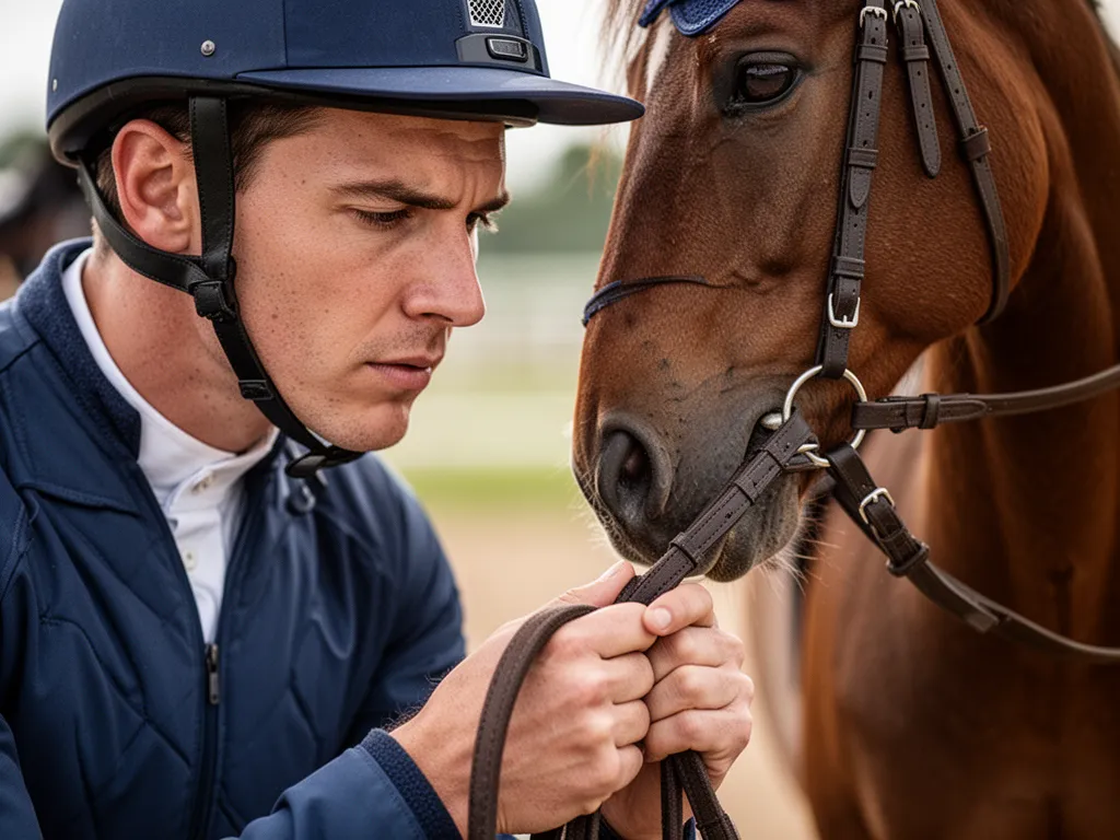 [Close-up of equestrian athlete's hands and determined expression during horse riding competition]