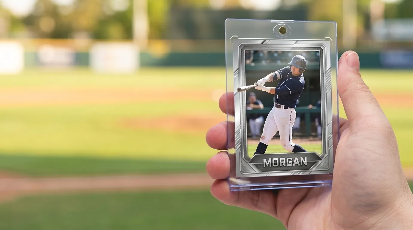 custom sport trading cards: a custom printed trading card in a magnetic case, held in hand