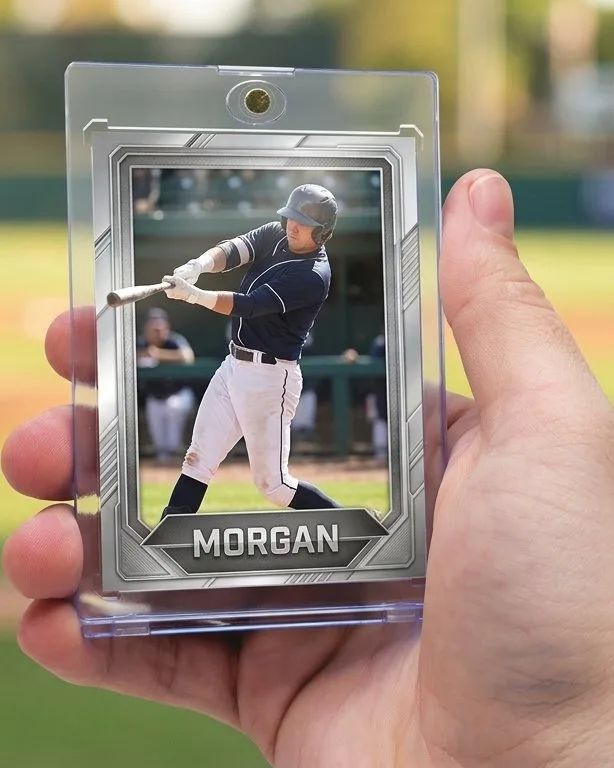 Close-up of a custom trading card in a magnetic case for custom sport trading cards