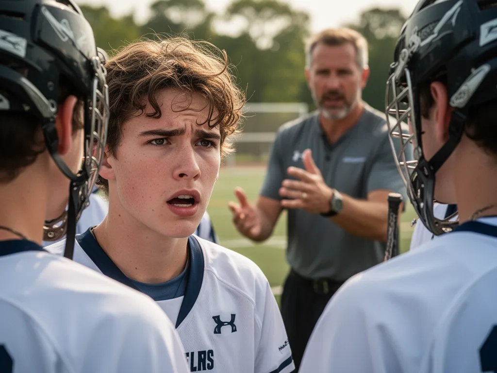 [Young lacrosse player showing focused determination during team huddle moment outdoors]