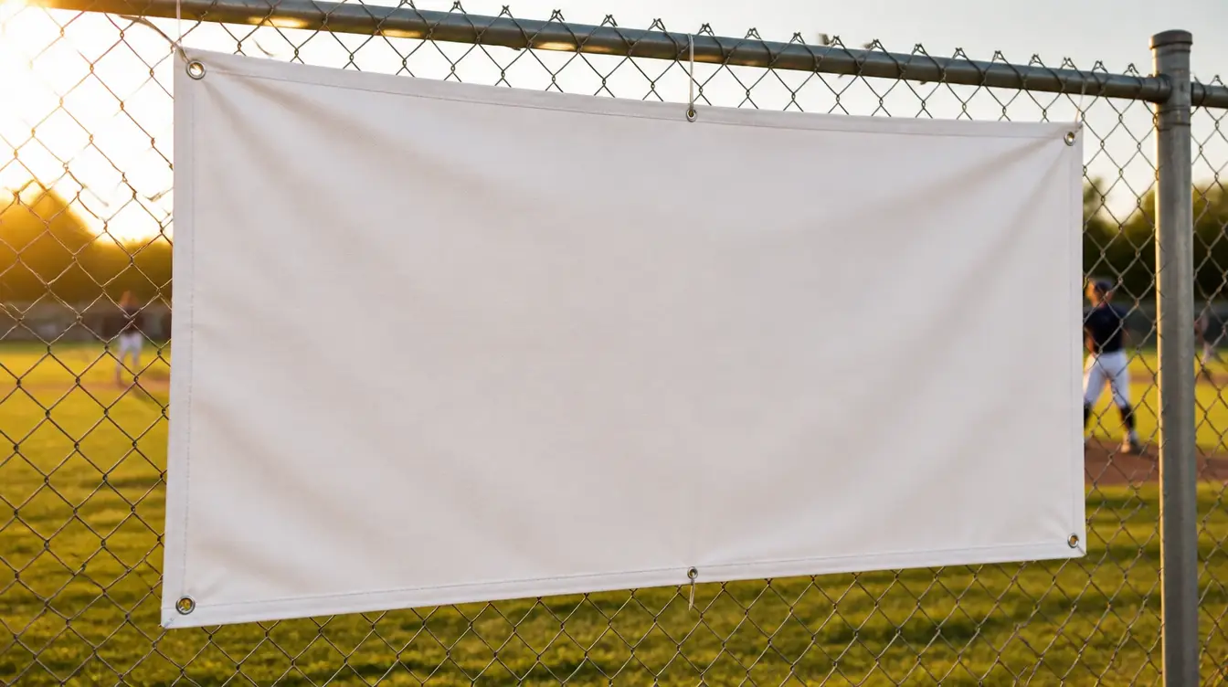 A large blank fabric sports banner on a fence at a sunny sports field