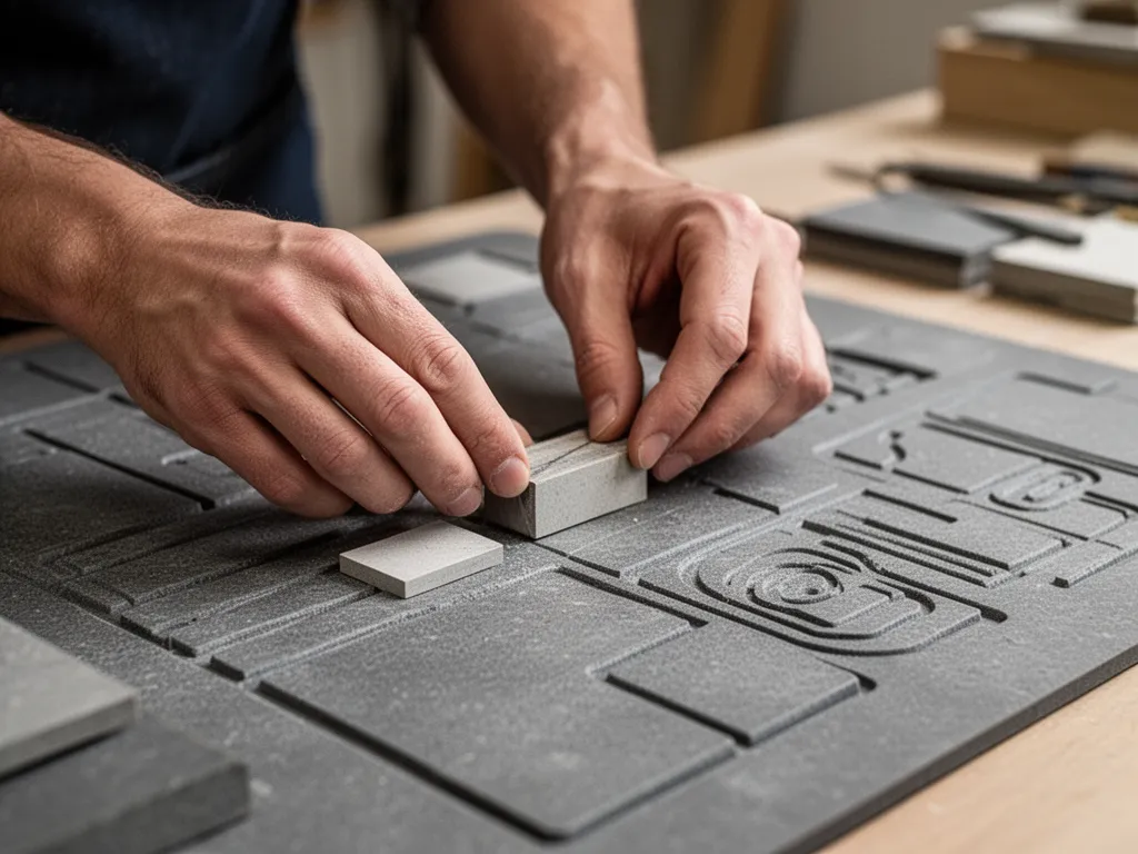 Hands carefully arranging items on custom break mat showing detail and craftsmanship