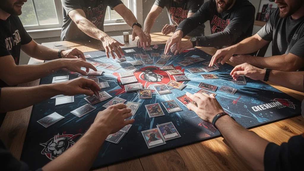 [Multiple collectors gathered around custom breaker mat examining sports cards with natural lighting]