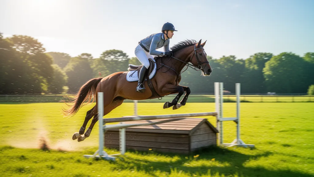 [Equestrian athlete on horseback jumping high over a fence obstacle in natural sunlight]
